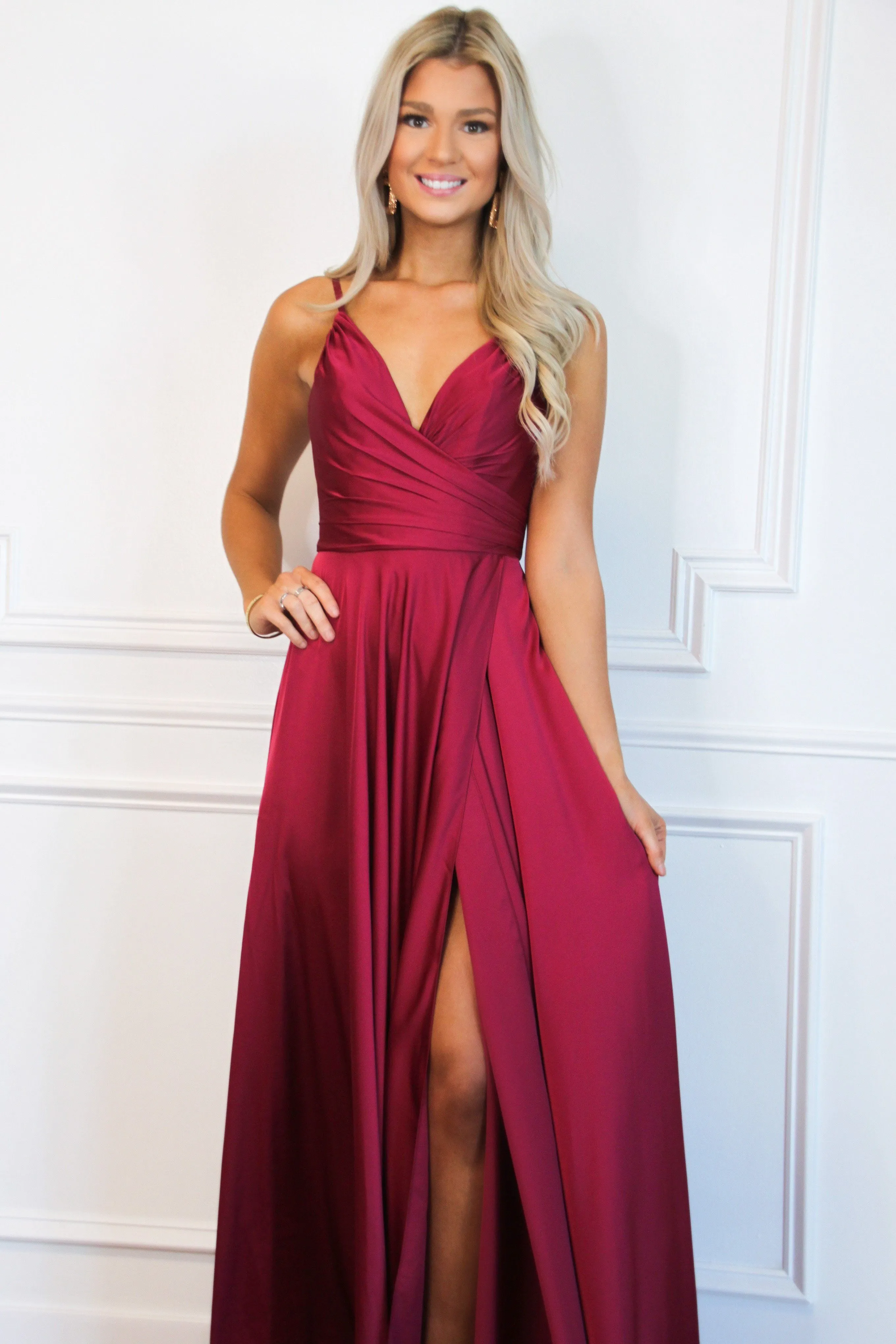 Ella Satin Slit Formal Dress: Burgundy
