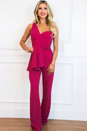Emersyn One Shoulder Ruffle Jumpsuit: Magenta
