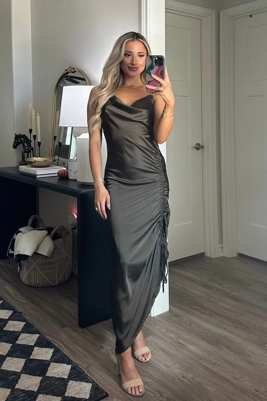 Event of the Season Satin Ruched Midi Dress: Olive