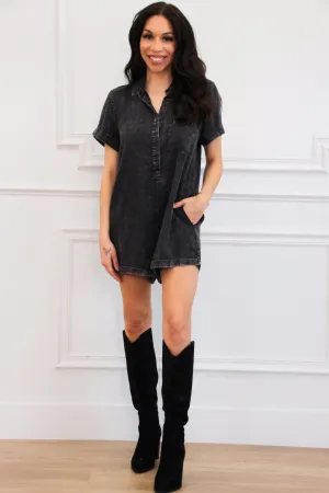 Every Day Casual Washed Denim Romper: Black