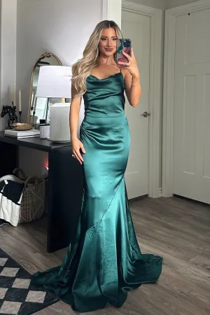 Ezra Cowl Back Satin Maxi Dress: Emerald