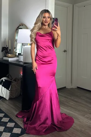 Ezra Cowl Back Satin Maxi Dress: Magenta