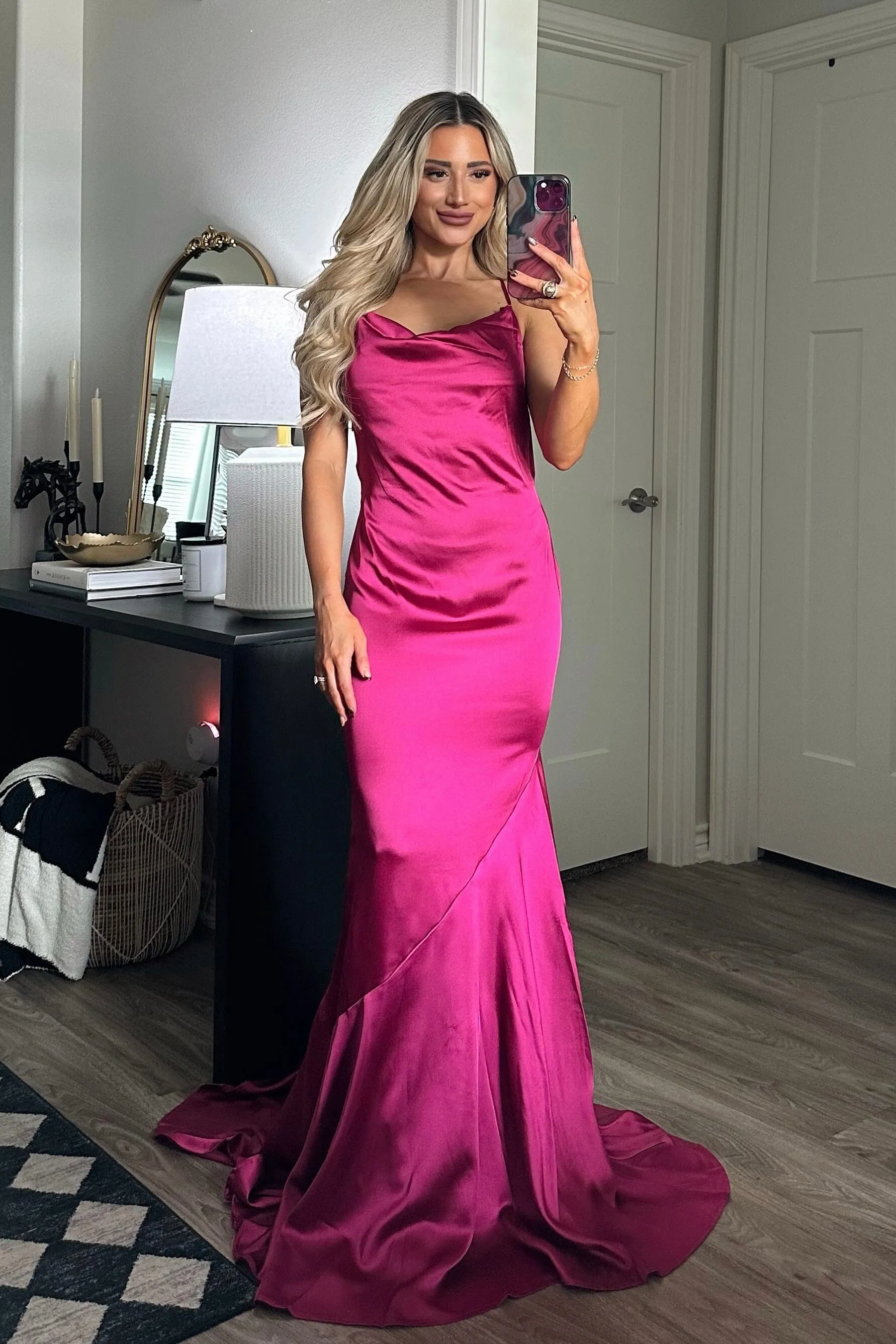 Ezra Cowl Back Satin Maxi Dress: Magenta