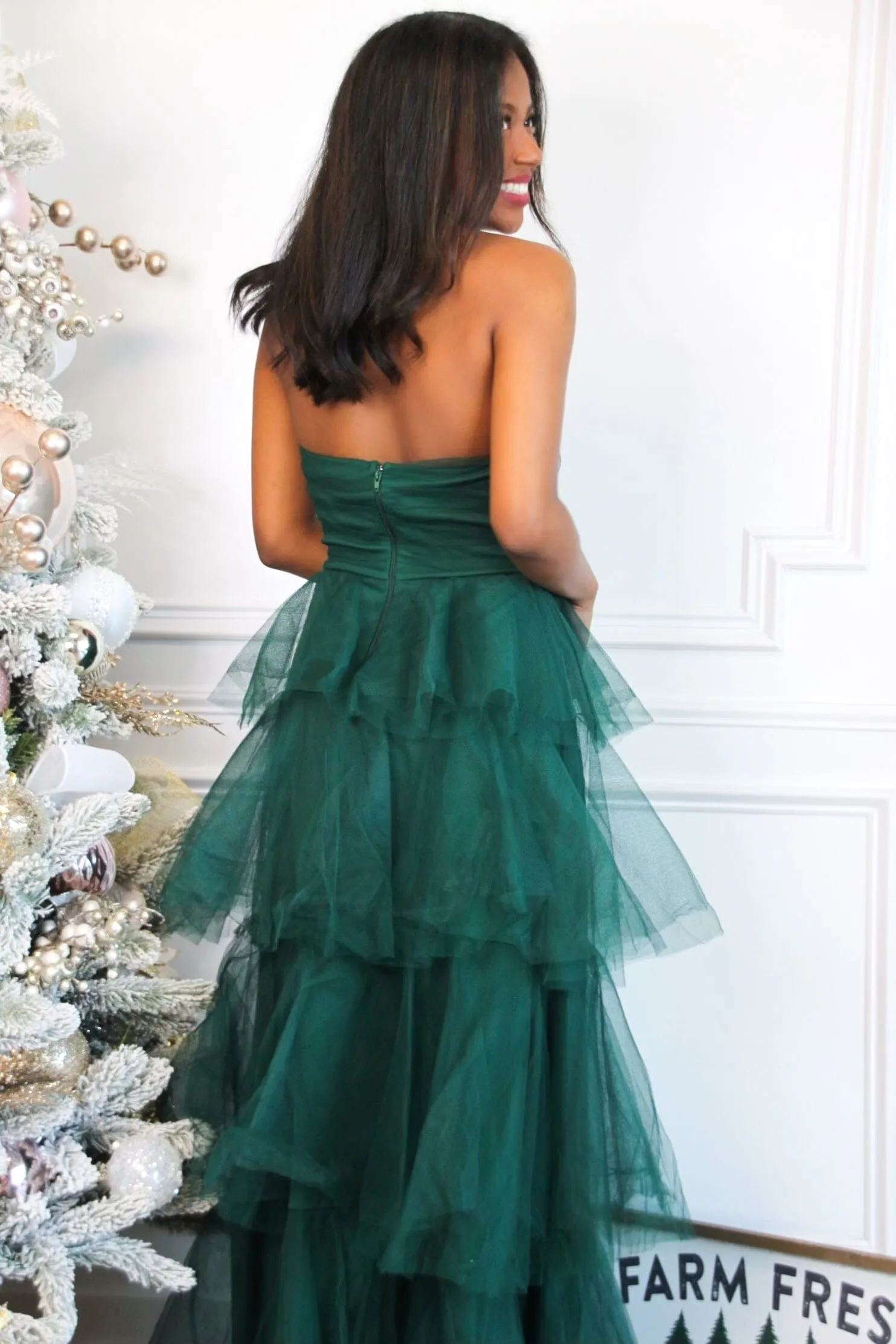 Fairytale State of Mind Tiered Tulle Maxi Dress: Hunter Green