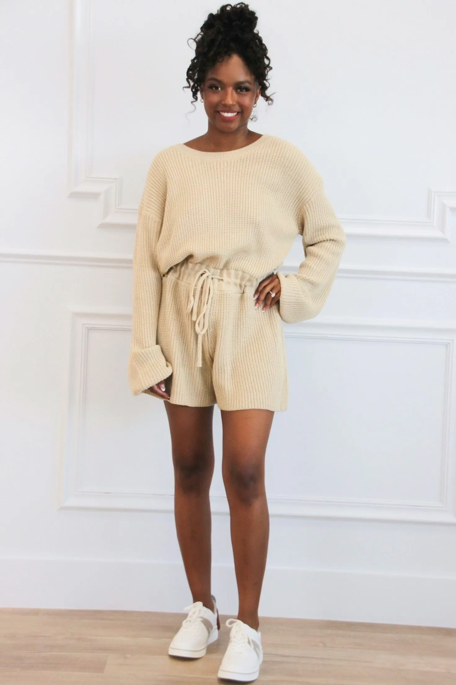 Fall Casual Sweater Romper: Taupe
