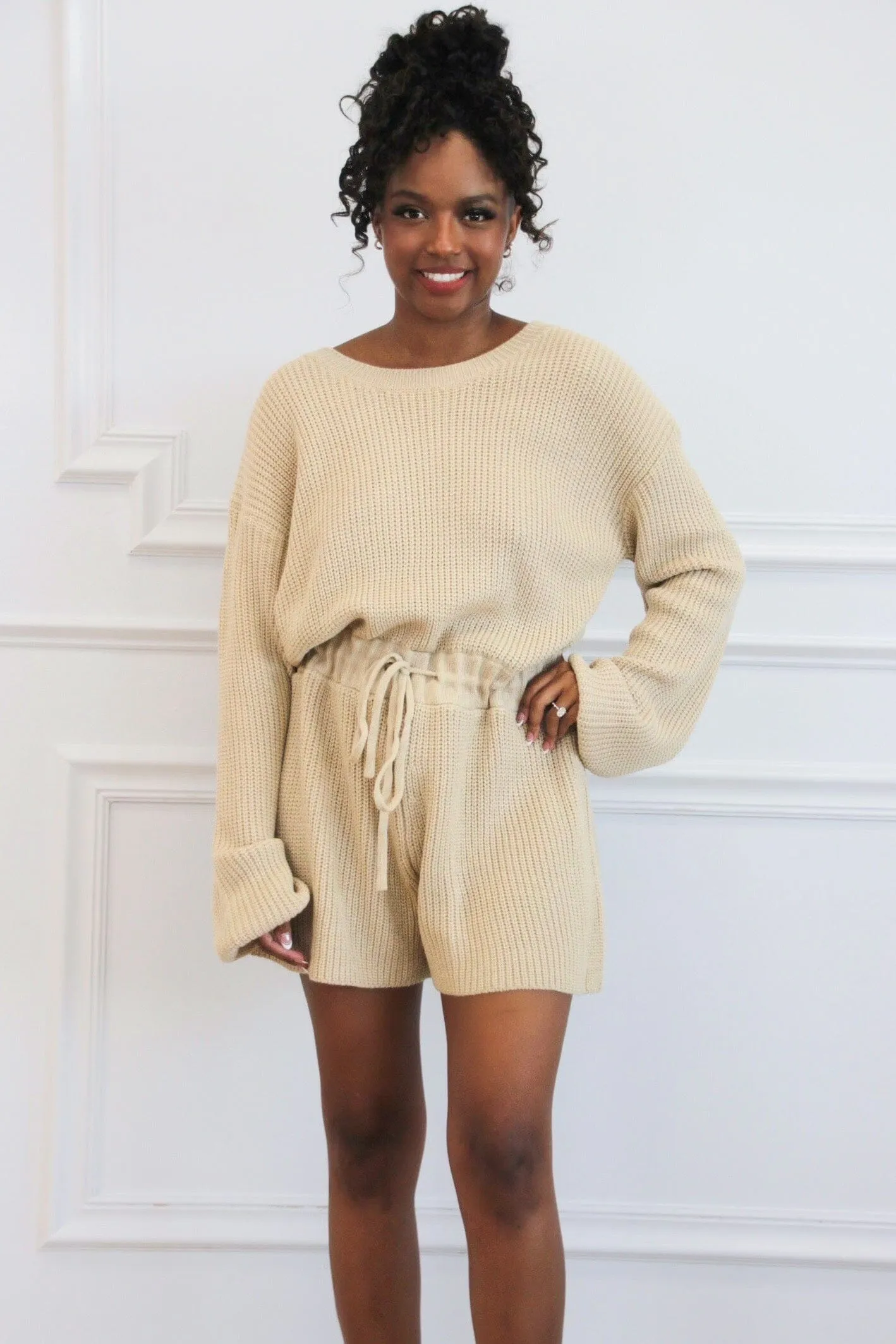 Fall Casual Sweater Romper: Taupe