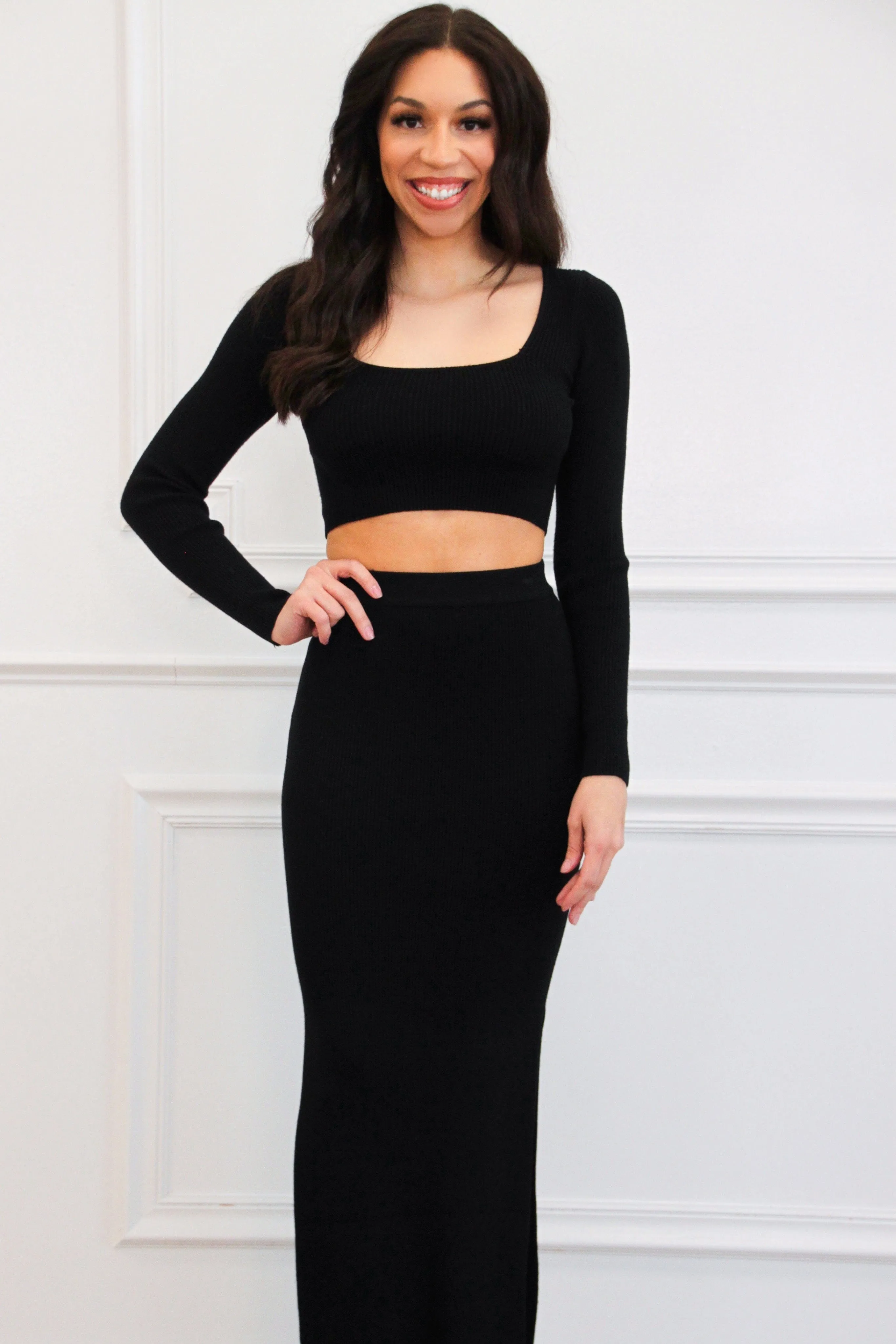 Fall Chic Sweater Two Piece Set: Black