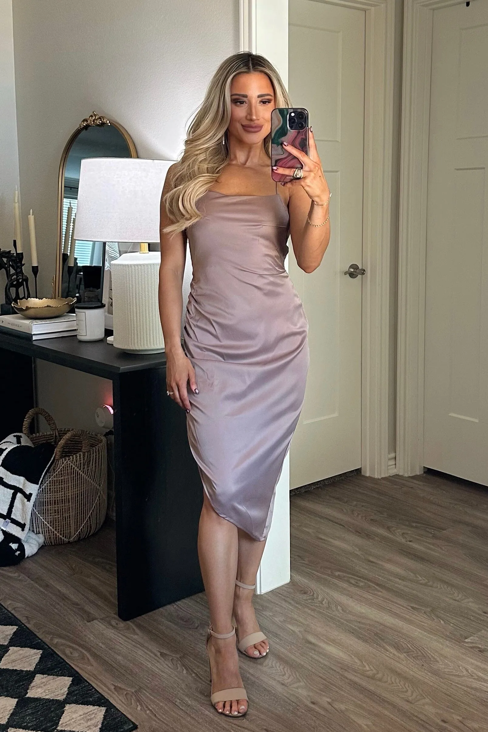 Fall With Me Lace Up Back Midi Dress: Mocha