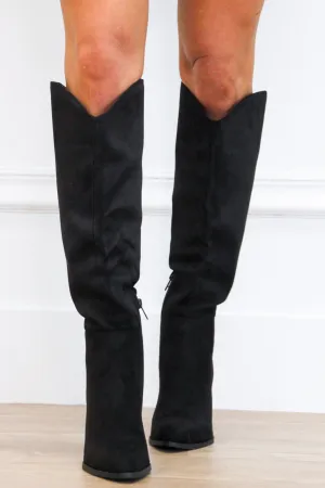 Fallal Suede Knee High Block Heel Boots: Black