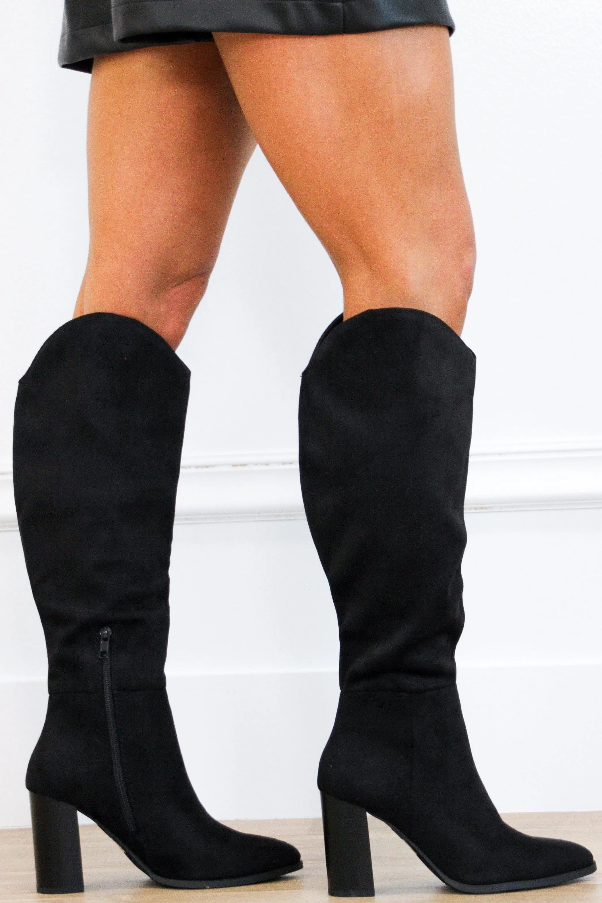 Fallal Suede Knee High Block Heel Boots: Black