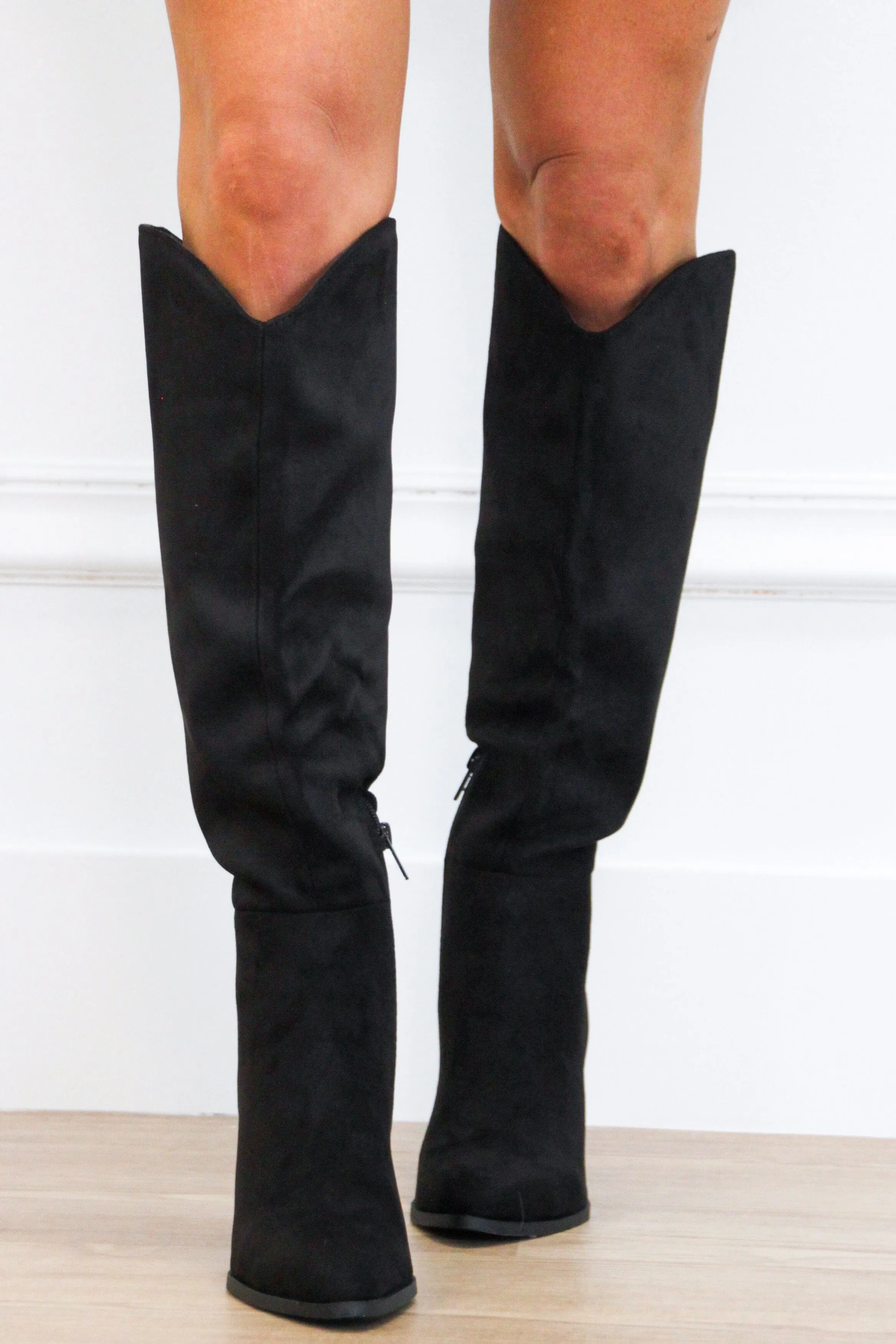 Fallal Suede Knee High Block Heel Boots: Black