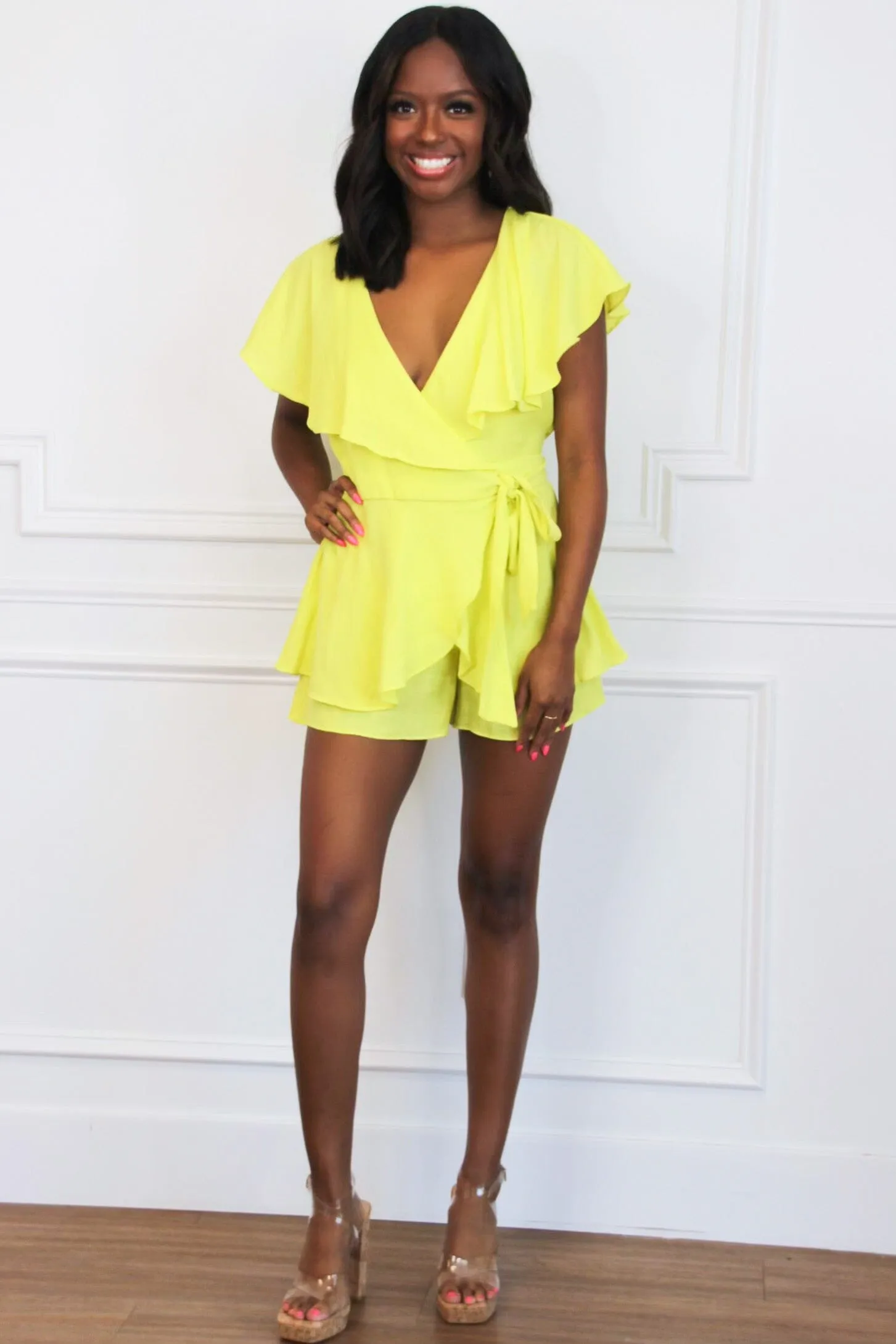 Feminine Frills Romper: Lemon