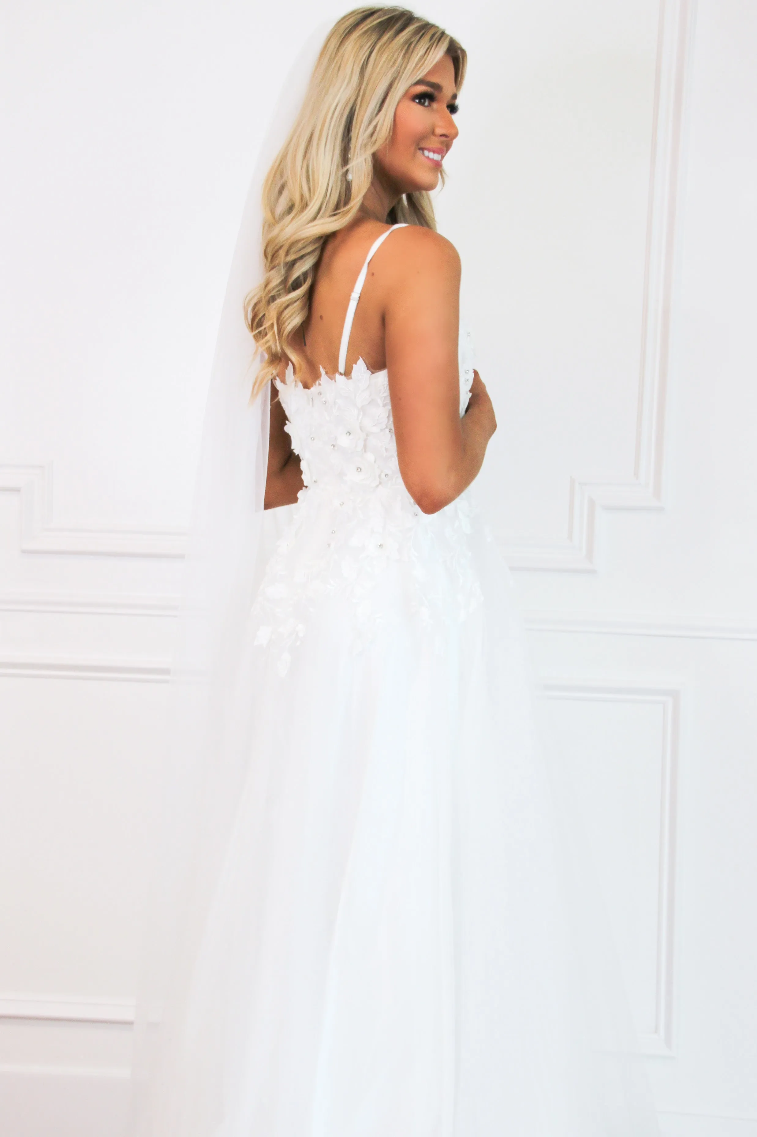 First Bloom Floral Applique Tulle Wedding Dress: White