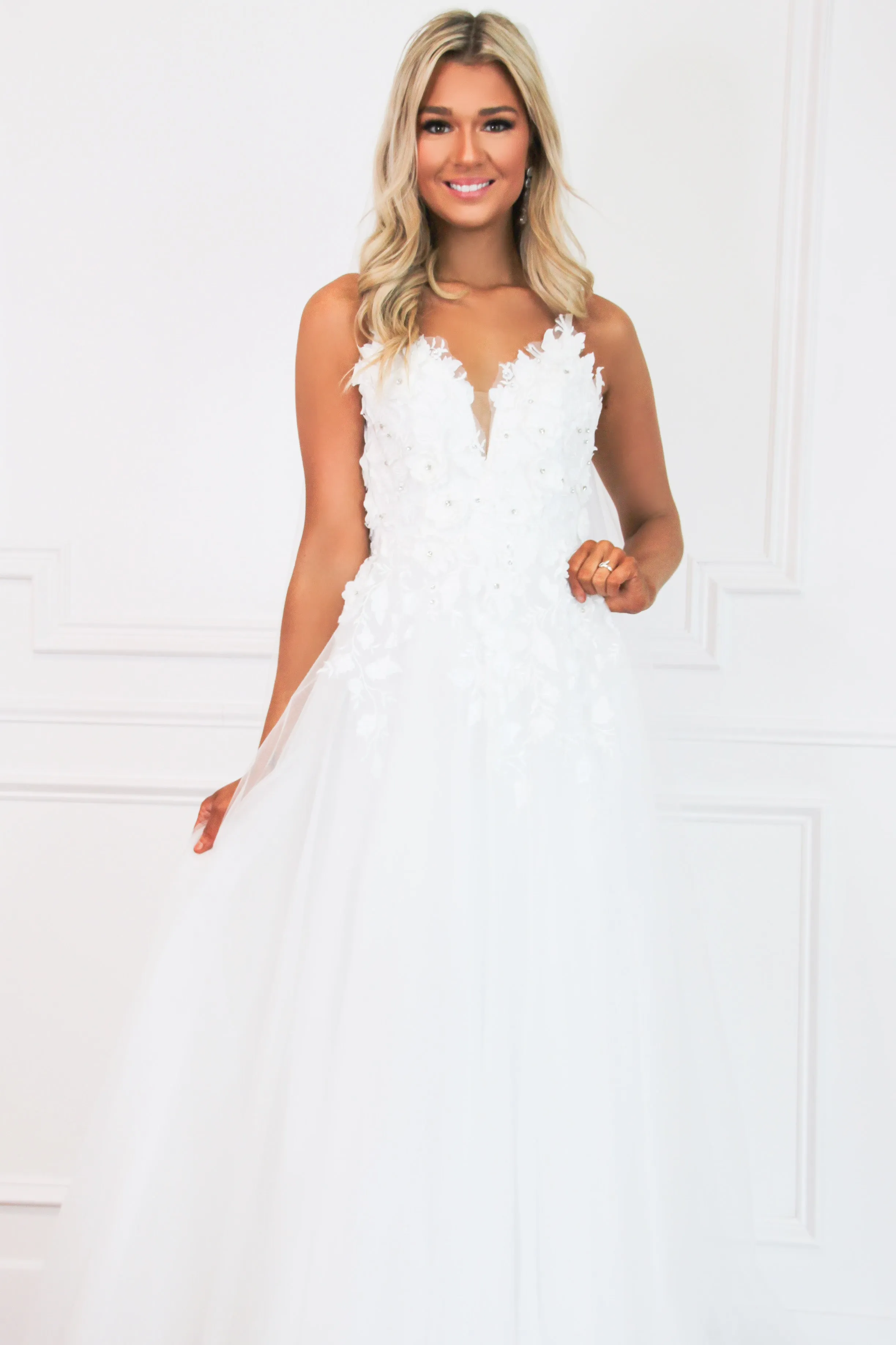 First Bloom Floral Applique Tulle Wedding Dress: White