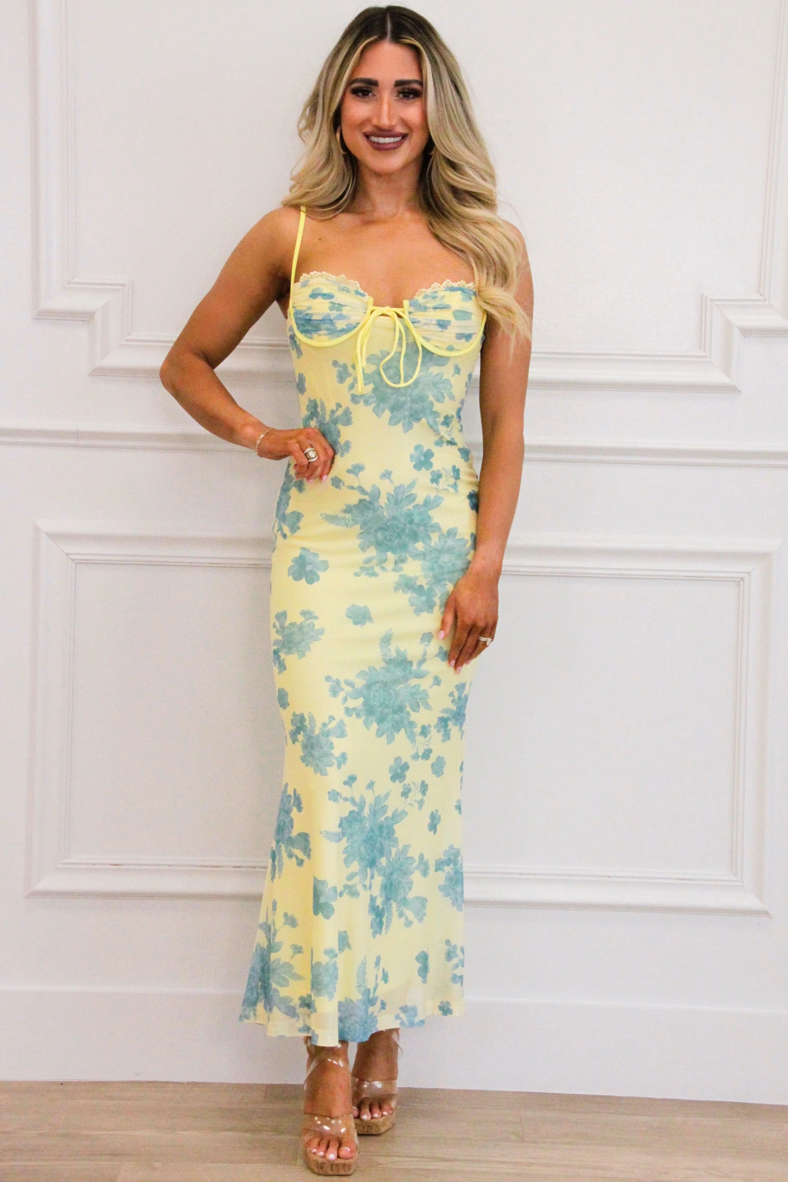 First Bloom Floral Long Midi Dress: Yellow/Blue