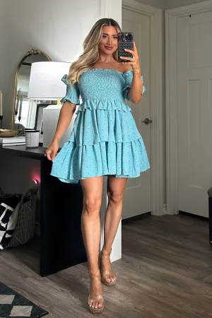 Flavor of Summer Smocked Off Shoulder Floral Dress: Aqua Blue