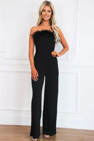 Flirty Feeling Feather Jumpsuit: Black