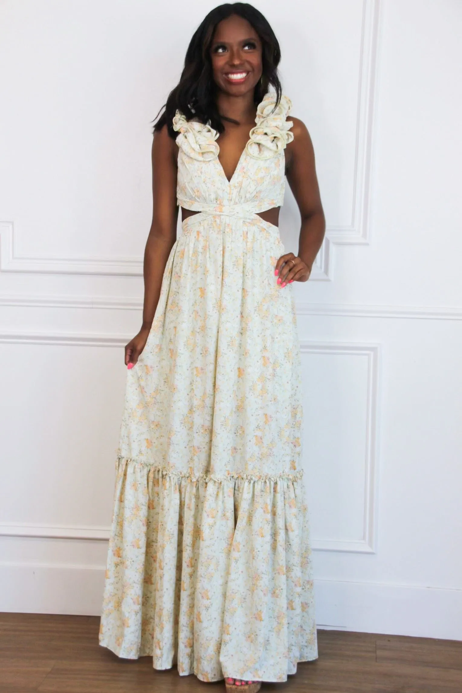 Floral Fantasy Ruffle Cutout Maxi Dress: Light Sage