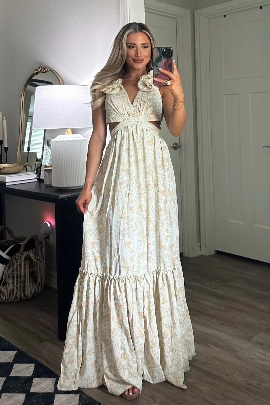 Floral Fantasy Ruffle Cutout Maxi Dress: Light Sage