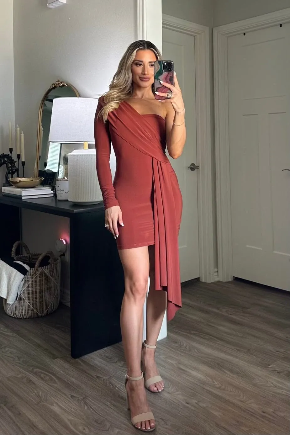 Forget Your Troubles One Shoulder Dress: Rust