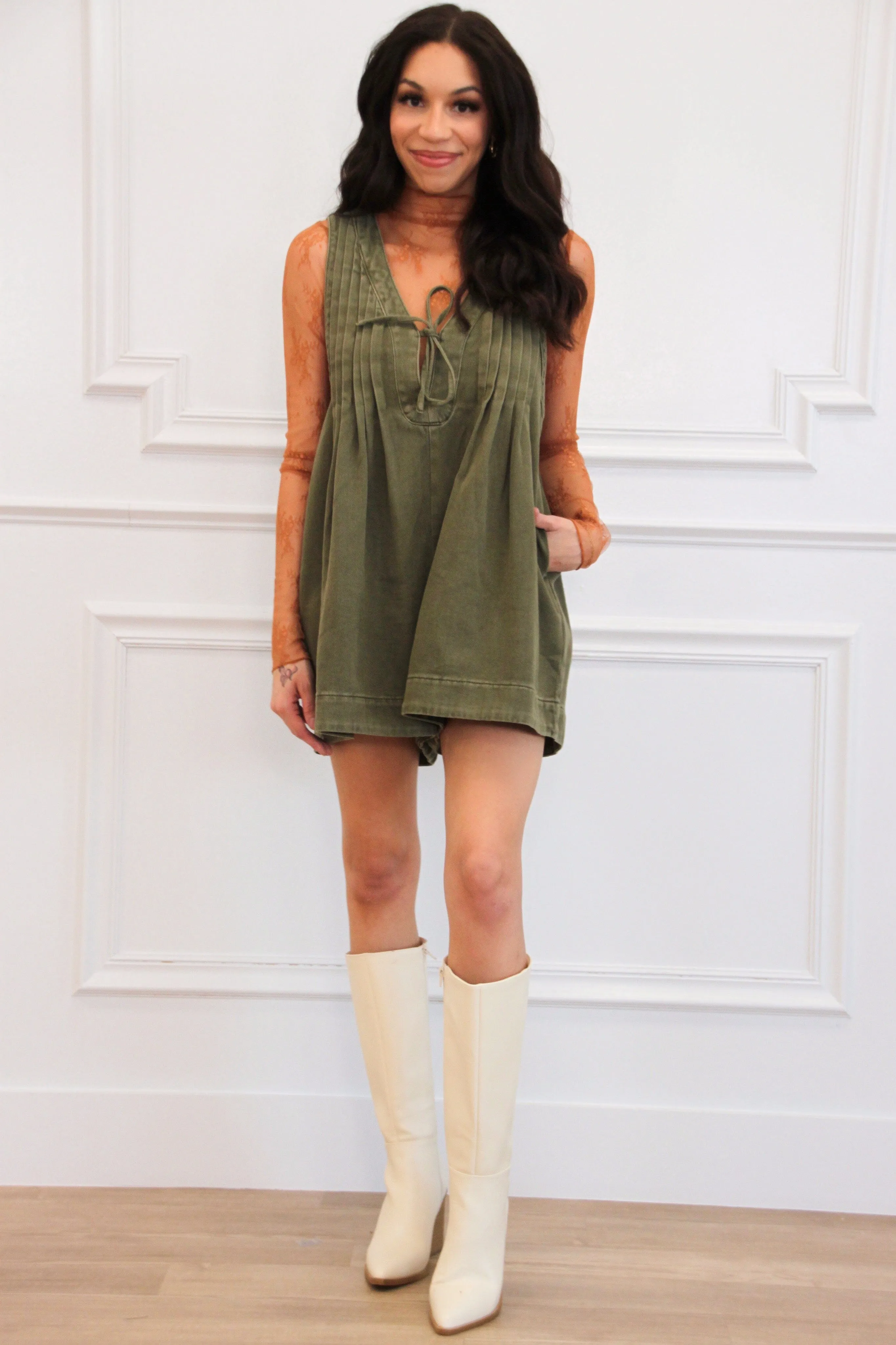 Free Bird Denim Romper: Olive