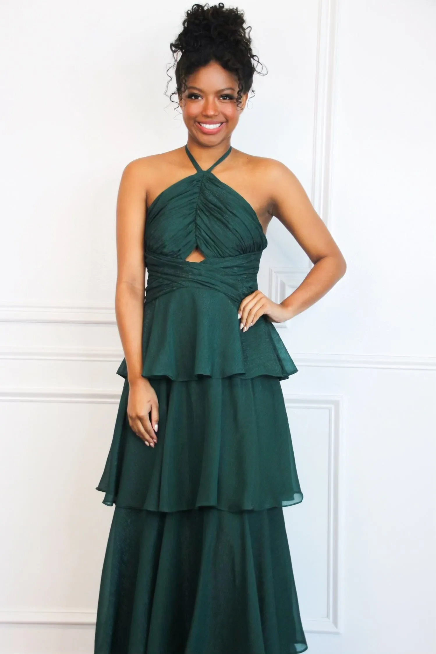 Gabriela High Neck Tiered Ruffle Shimmer Maxi Dress: Hunter Green