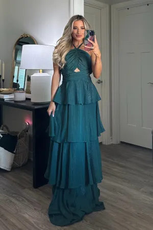 Gabriela High Neck Tiered Ruffle Shimmer Maxi Dress: Hunter Green