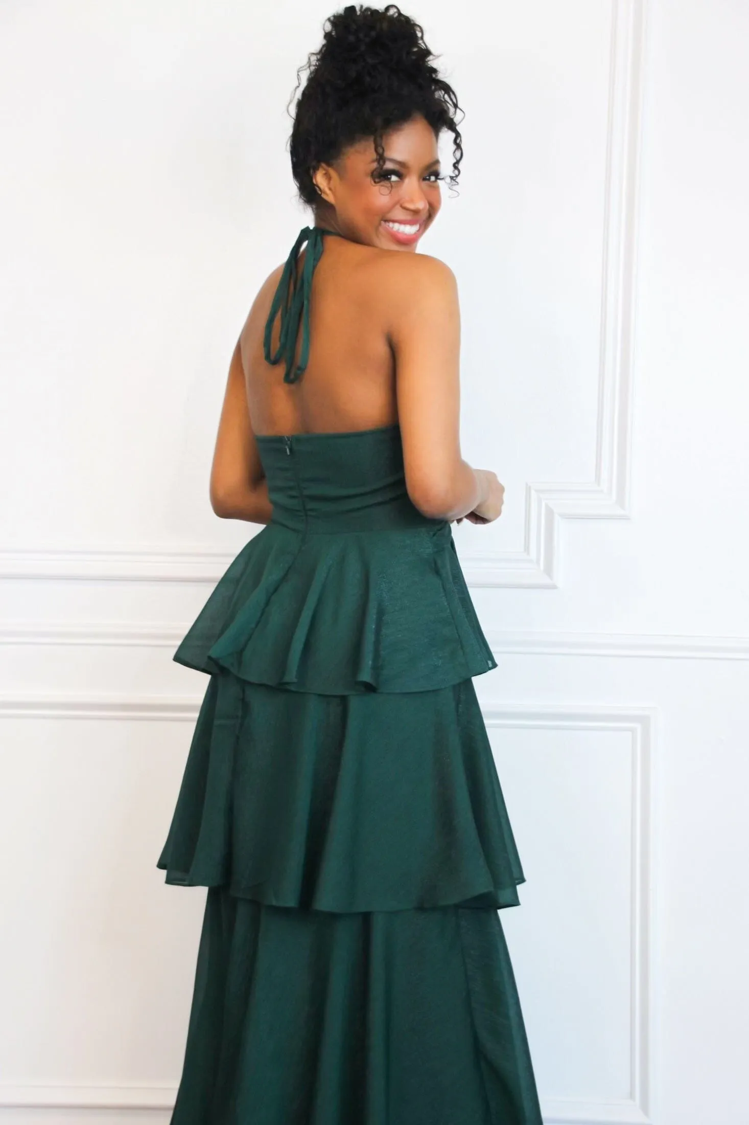 Gabriela High Neck Tiered Ruffle Shimmer Maxi Dress: Hunter Green