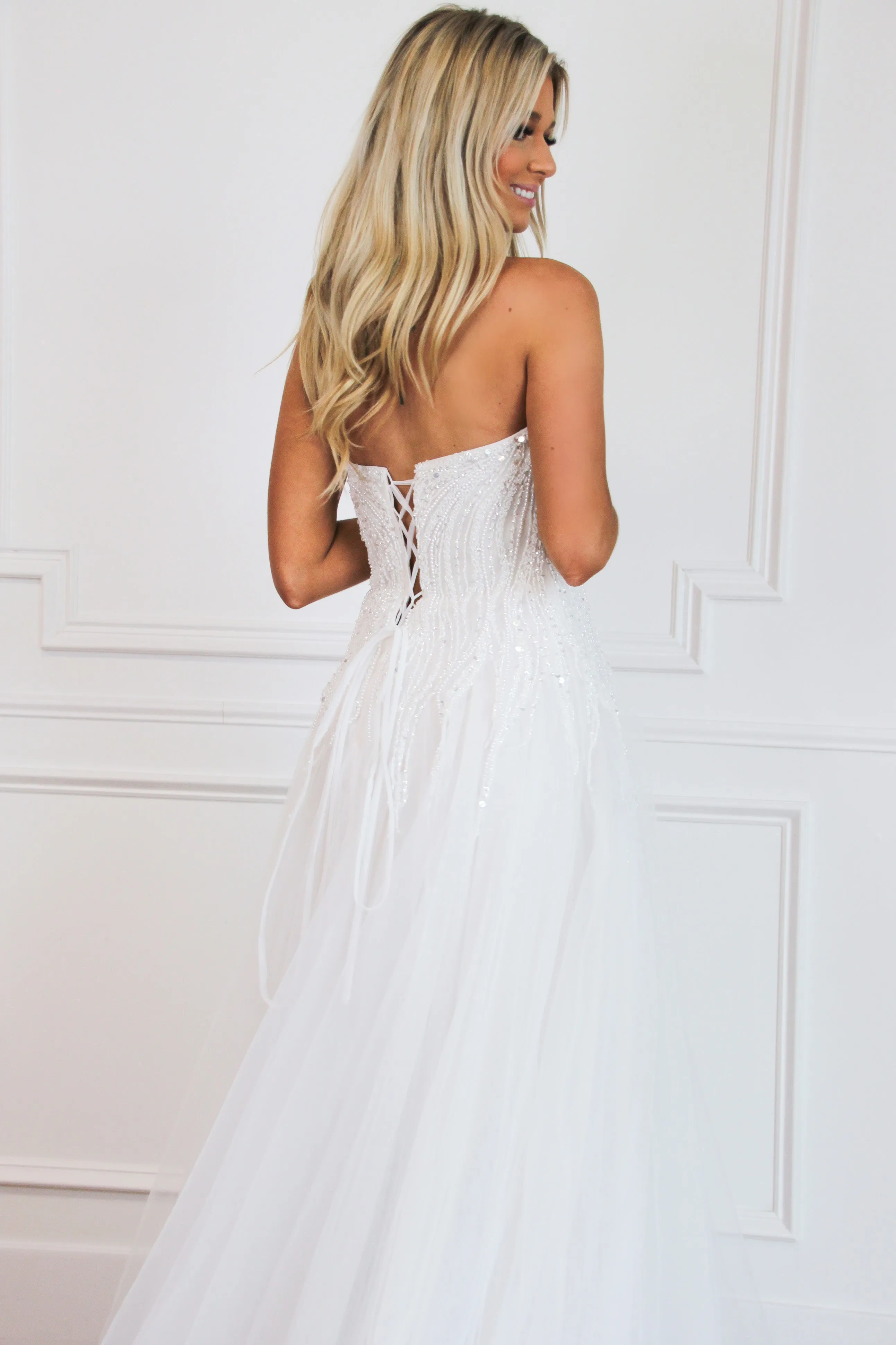 Gabrielle Strapless Tulle Beaded Wedding Dress: Off White