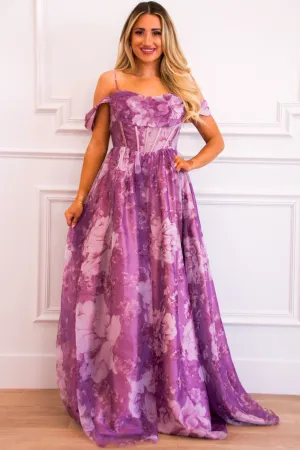 Garden Wedding Organza Off Shoulder Floral Maxi Dress: Dusty Lavender