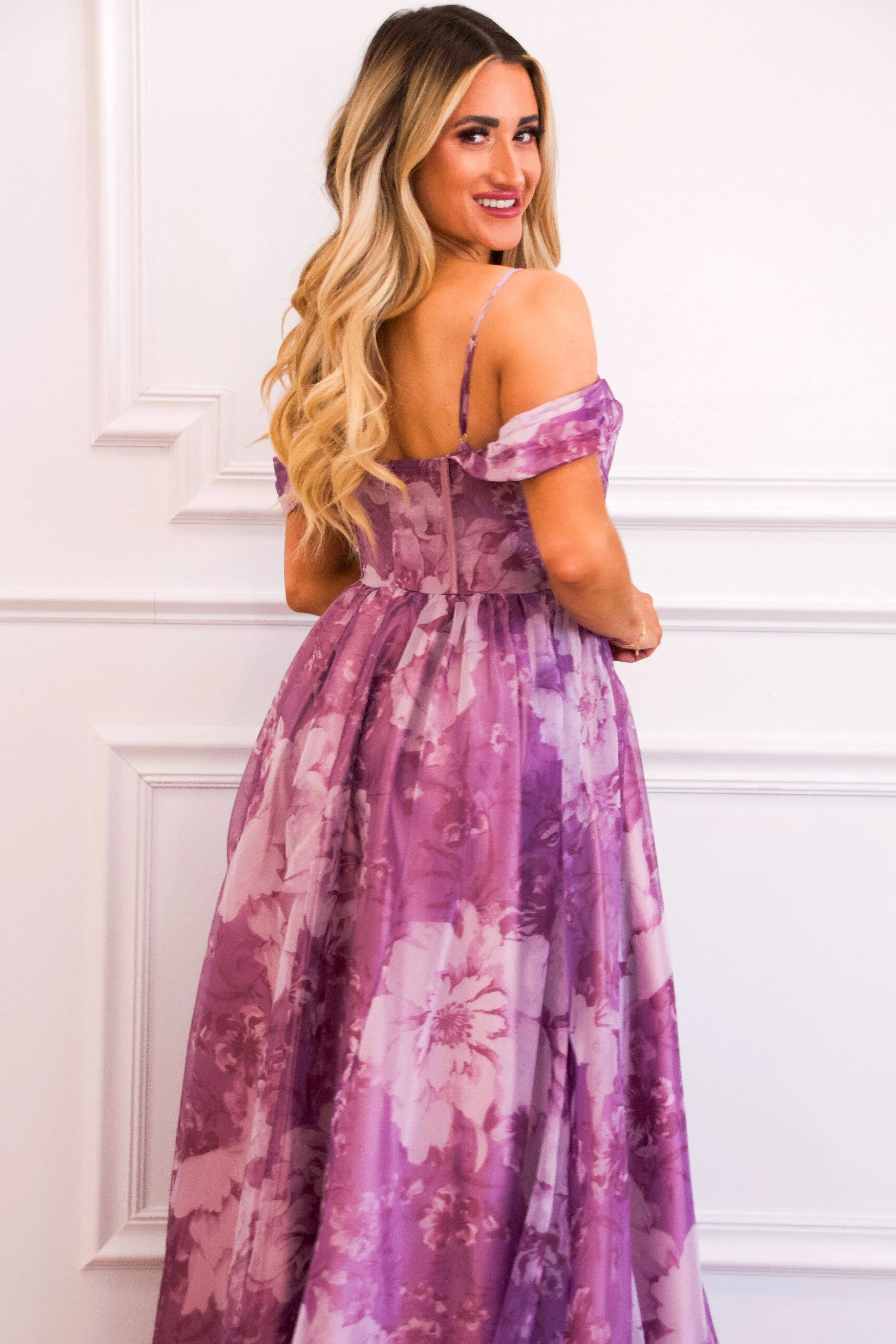 Garden Wedding Organza Off Shoulder Floral Maxi Dress: Dusty Lavender