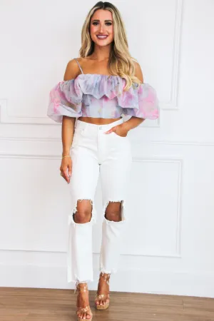 Genesis Floral Off Shoulder Crop Top: Dove Gray/Pink Multi