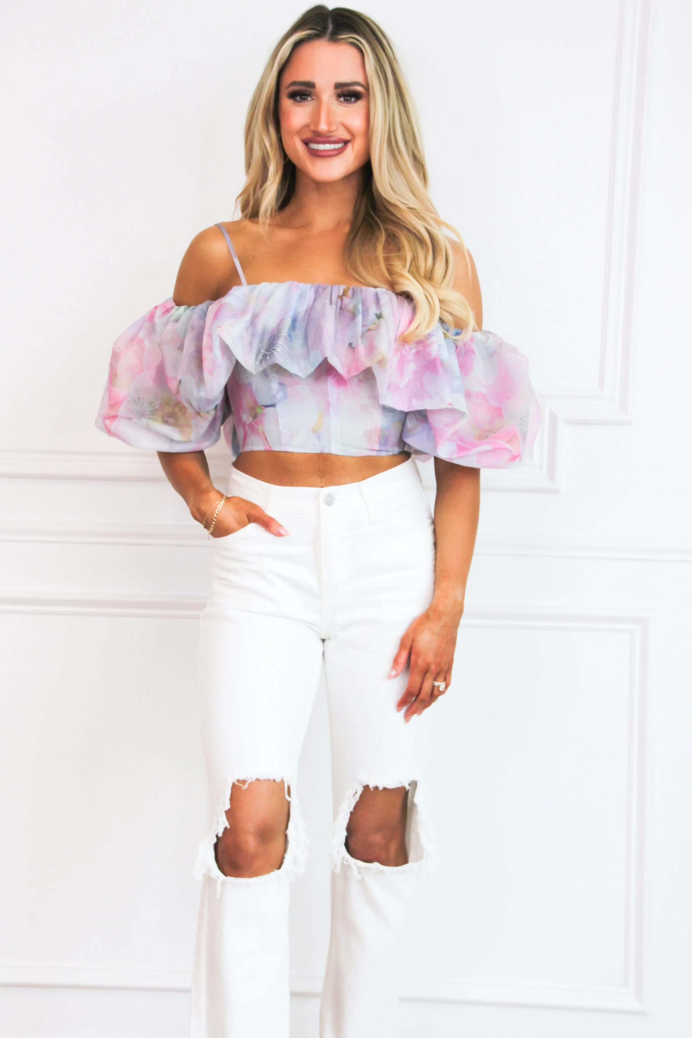 Genesis Floral Off Shoulder Crop Top: Dove Gray/Pink Multi