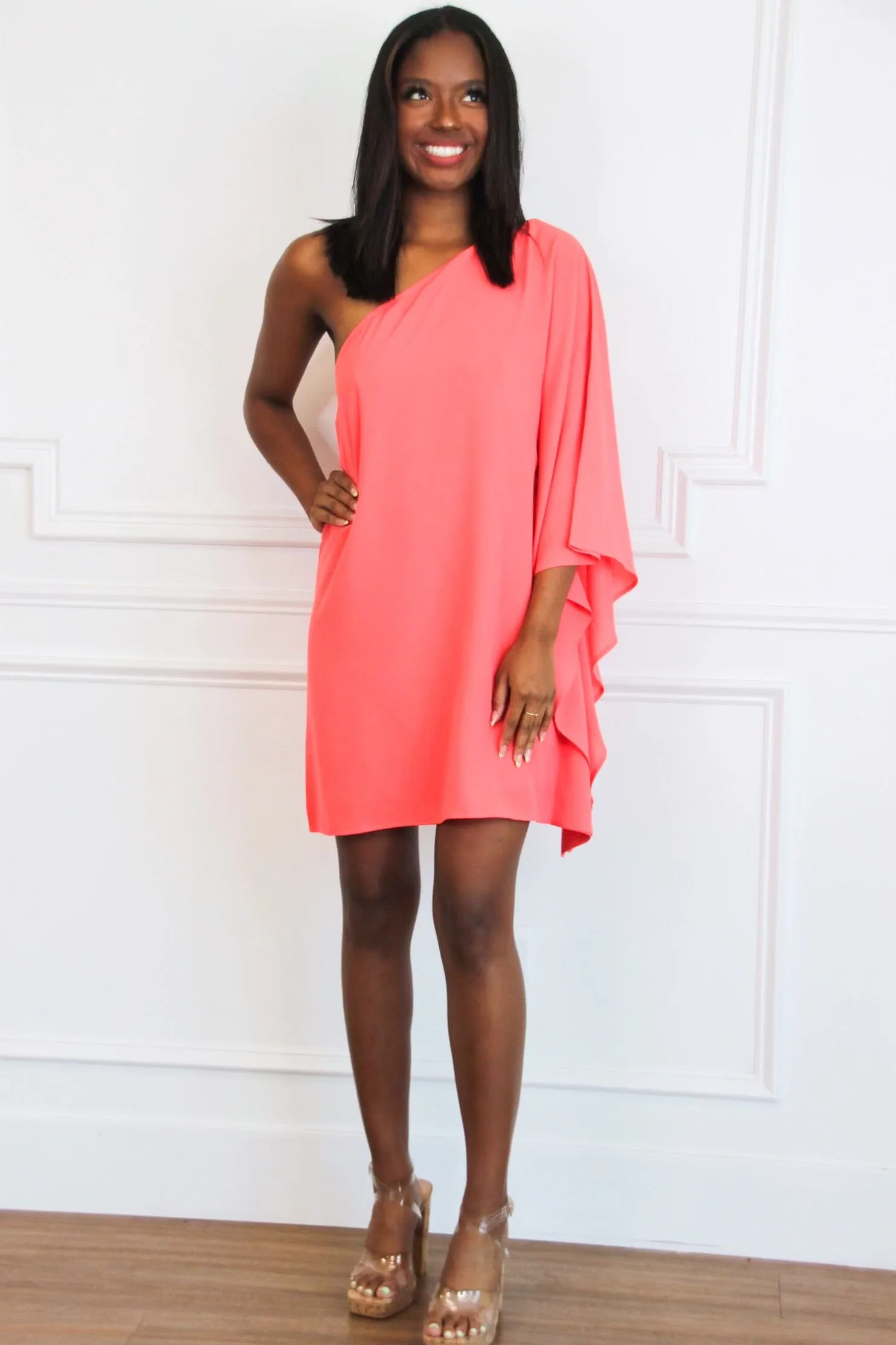 Get to Know You One Shoulder Dress: Bright Coral