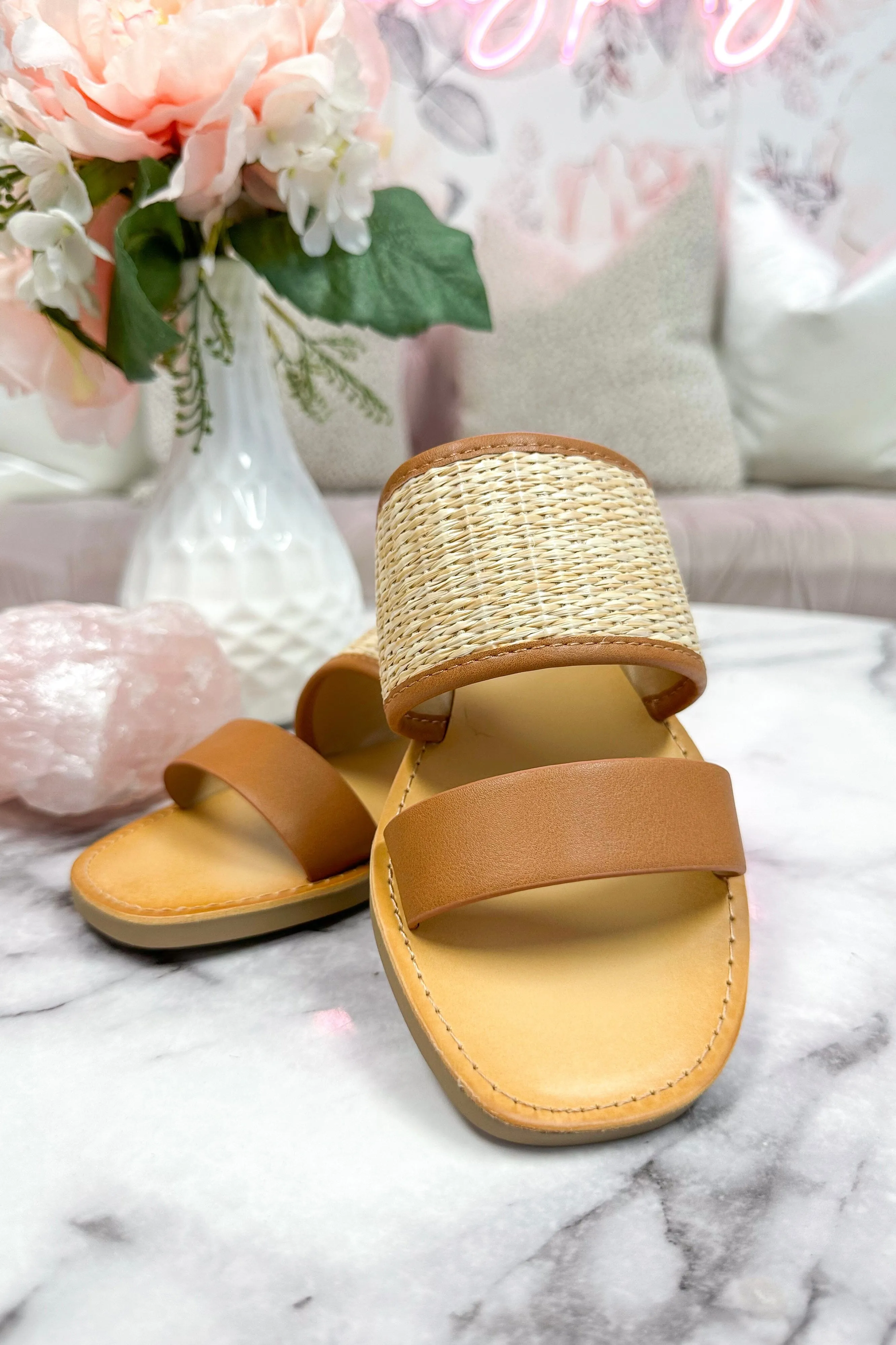 Get Up and Go Raffia Sandals: Cognac