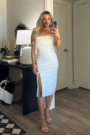 Give You Joy Strapless Feather Midi Dress: White