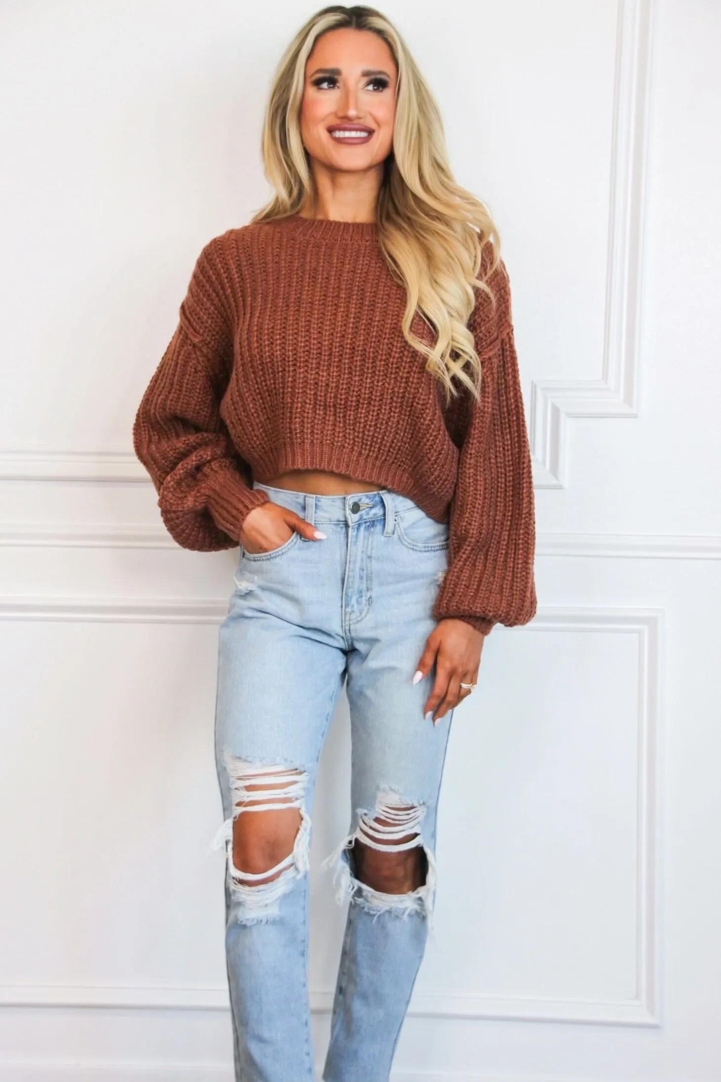 Hallie Cropped Sweater: Brown