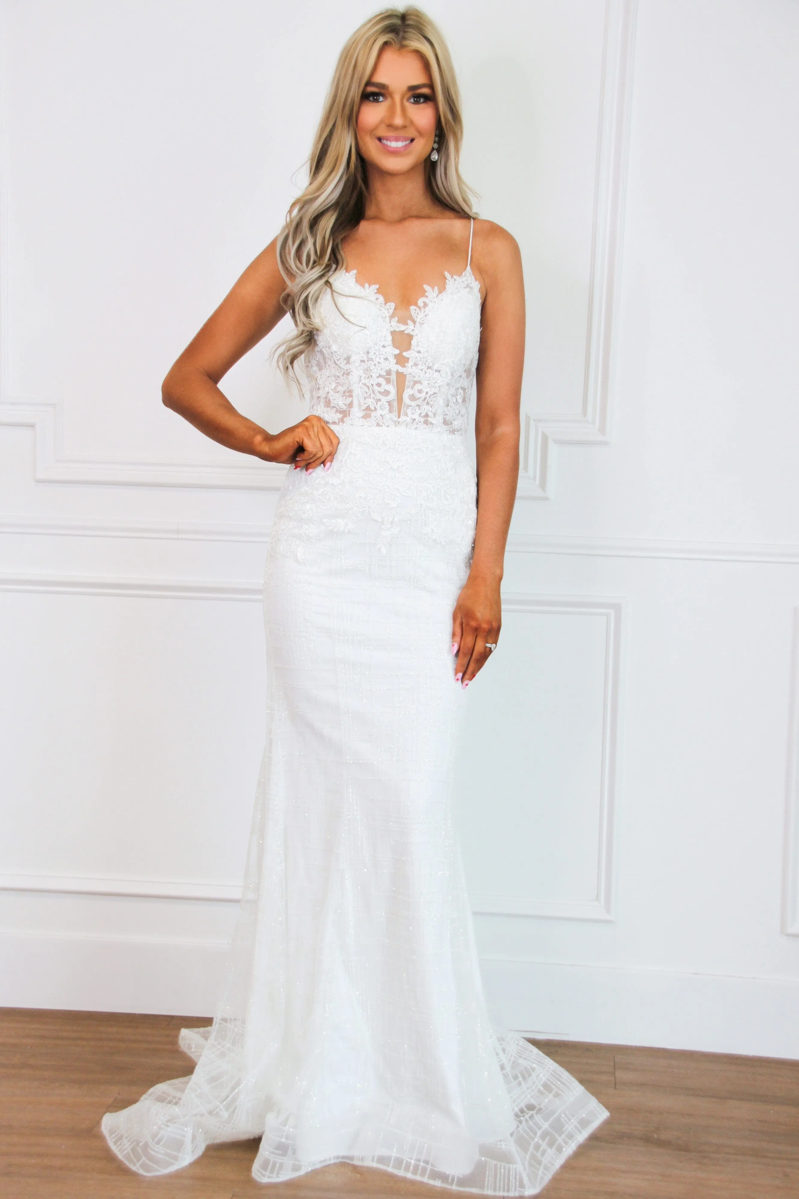 Halsey Lace Open Back Sparkly Formal Dress: White