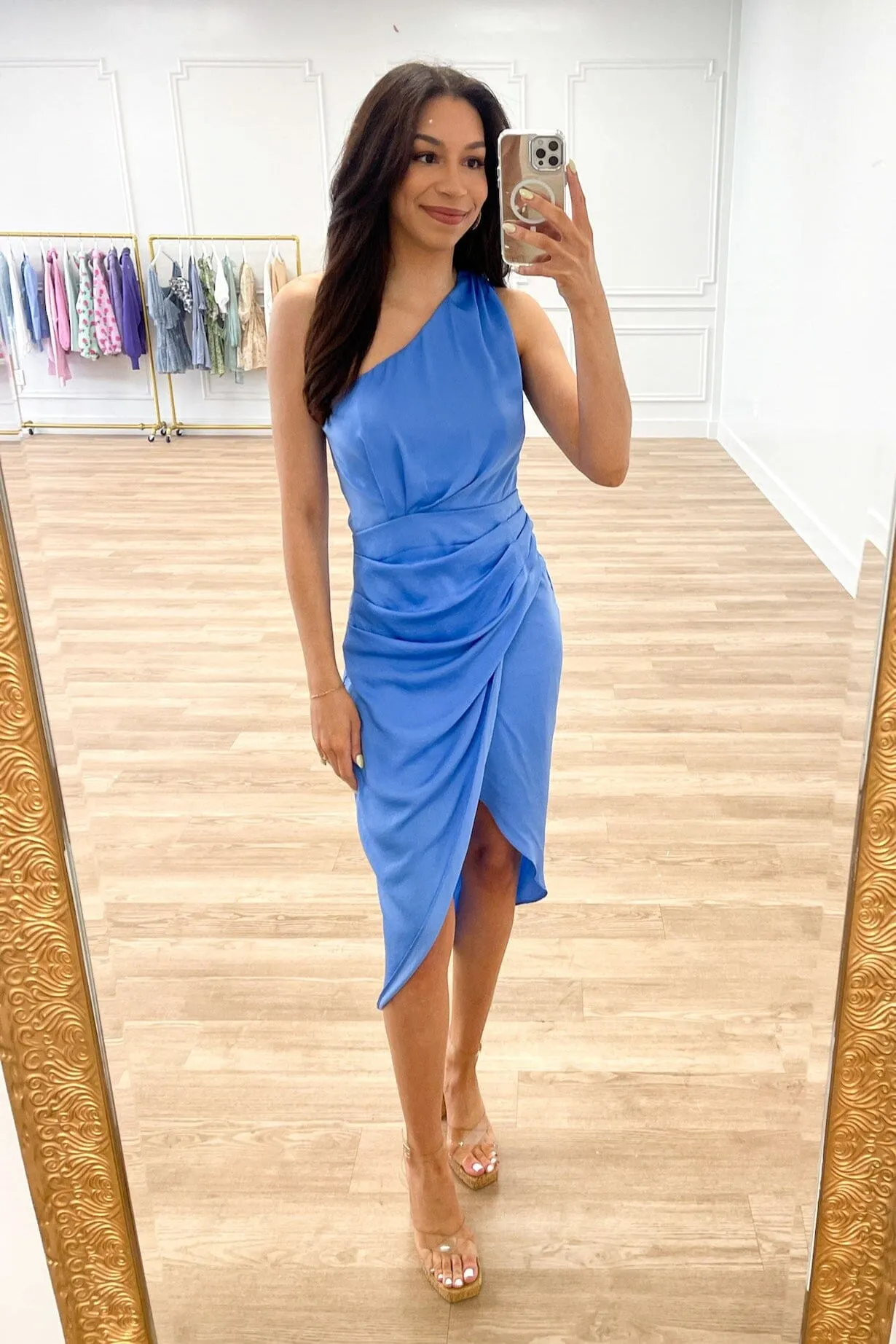 Happy With You One Shoulder Satin Midi Dress: Blue