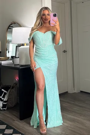 Harper Sequin Off Shoulder Bustier Maxi Dress: Mint