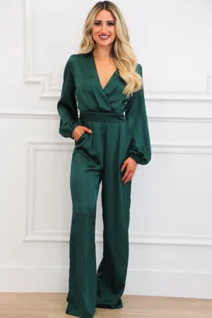 Hattie V Neck Satin Jumpsuit: Emerald