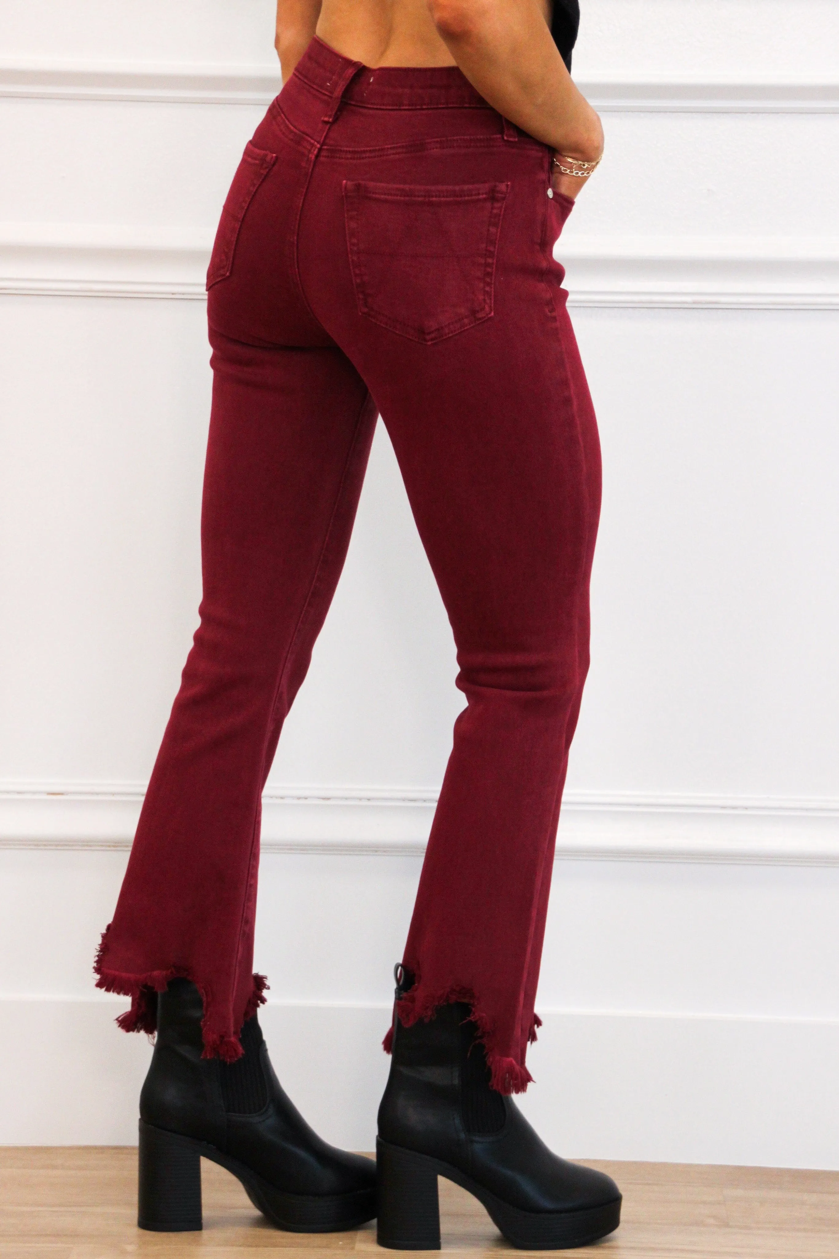 Henley Distressed Hem Mid Rise Cropped Denim: Wine