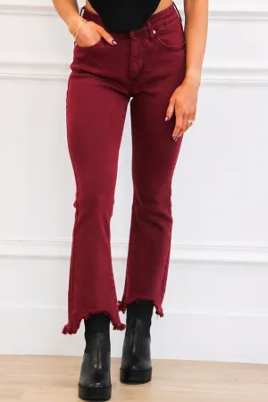 Henley Distressed Hem Mid Rise Cropped Denim: Wine