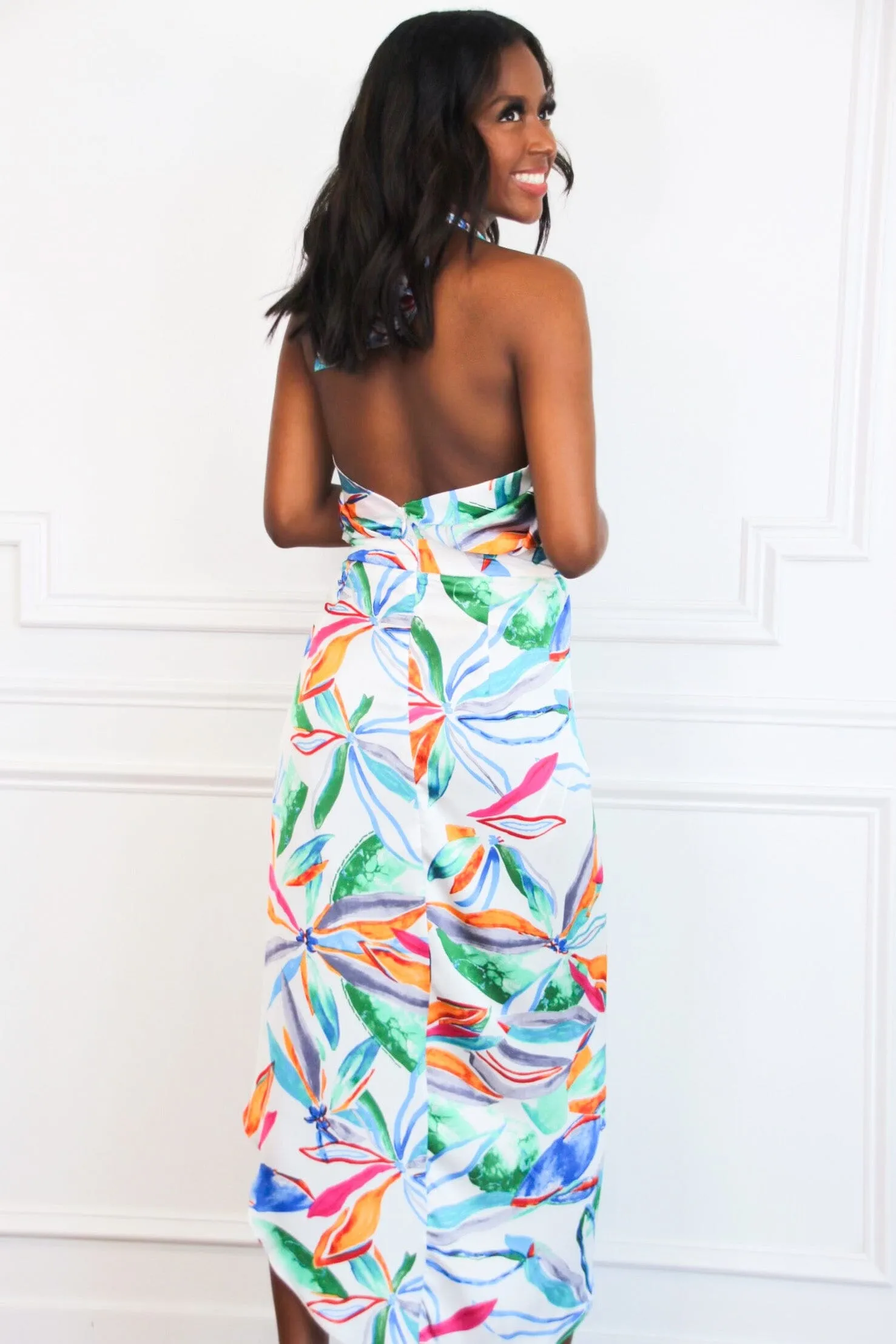 Hit the Tropics Floral Halter Midi Dress: White Multi