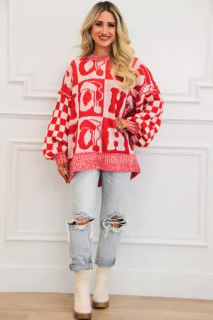 Ho Ho Ho Oversized Checkered Christmas Sweater: Red