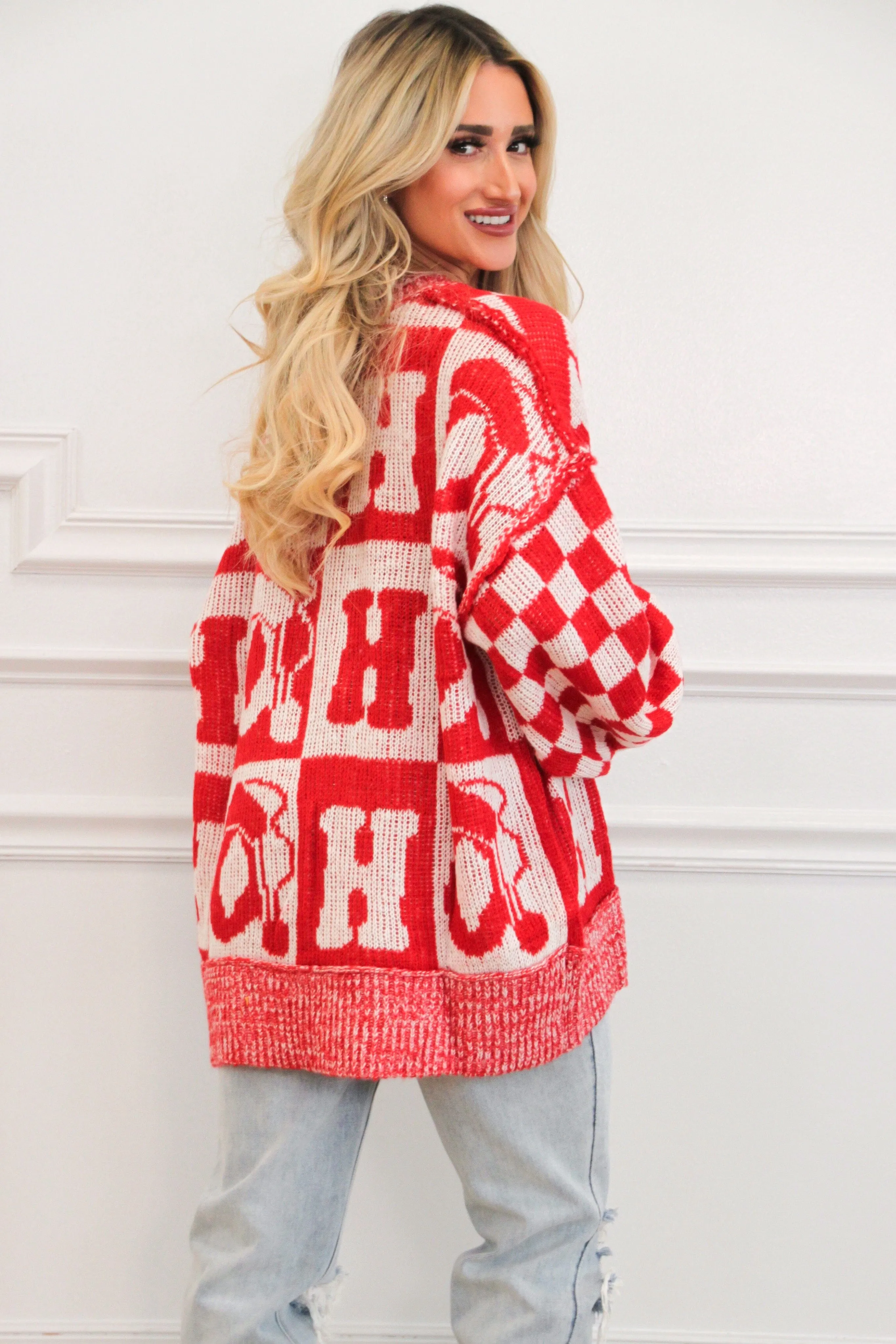 Ho Ho Ho Oversized Checkered Christmas Sweater: Red