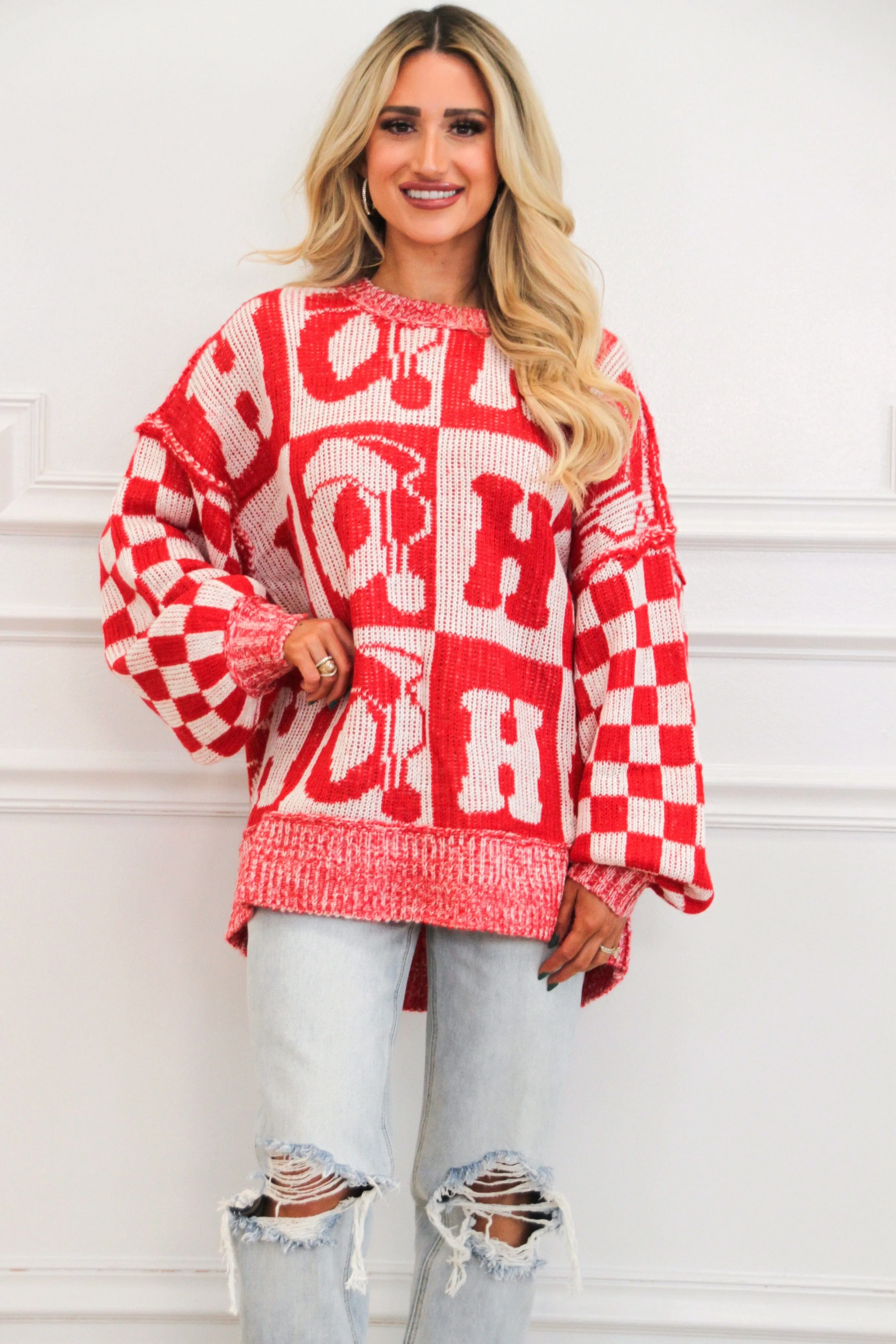 Ho Ho Ho Oversized Checkered Christmas Sweater: Red