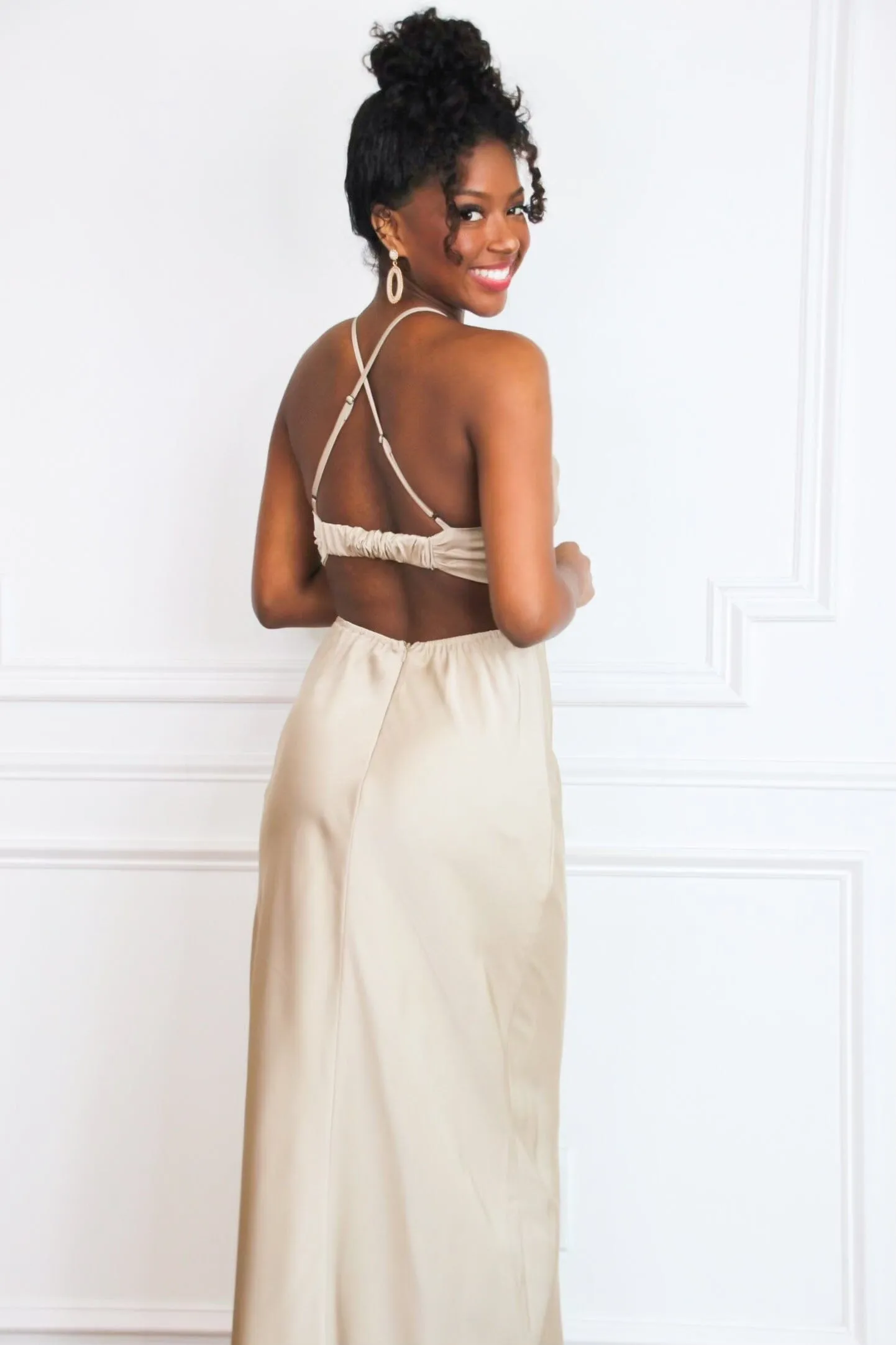 In My Moment Open Back Midi Dress: Champagne