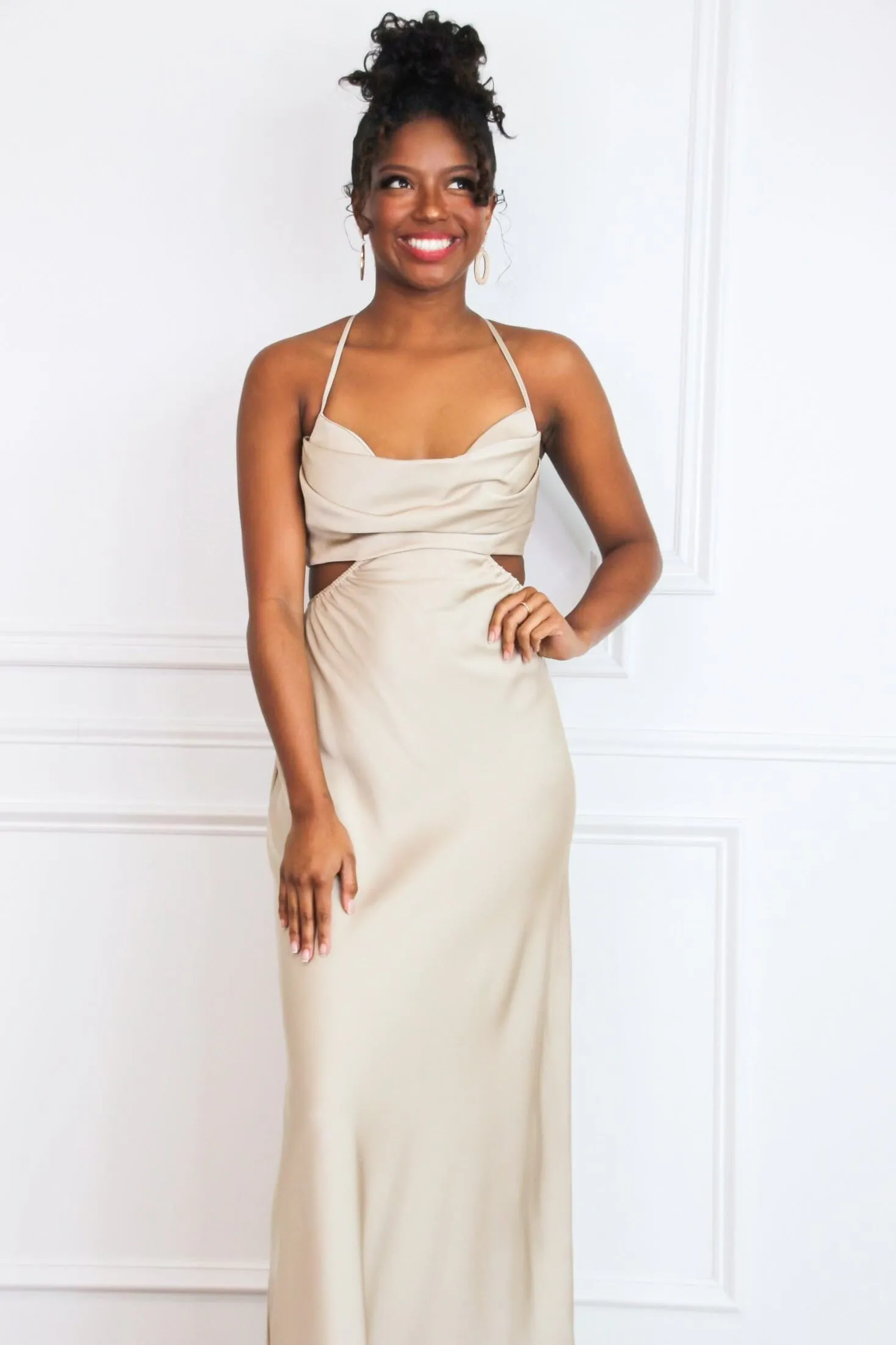 In My Moment Open Back Midi Dress: Champagne