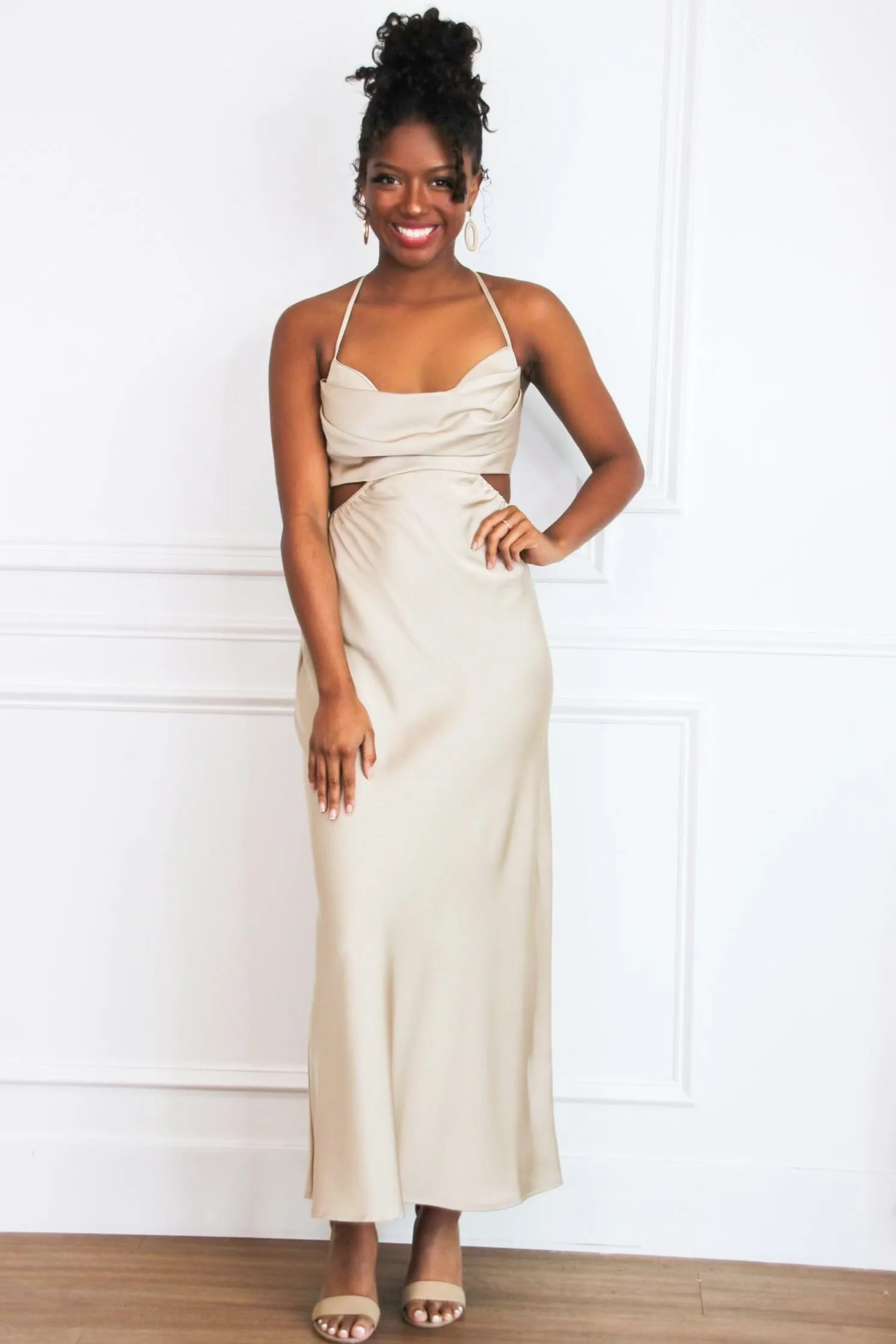 In My Moment Open Back Midi Dress: Champagne